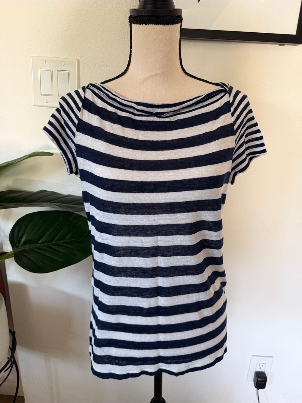 Striped Navy and White Women’s Short Sleeve linen Top